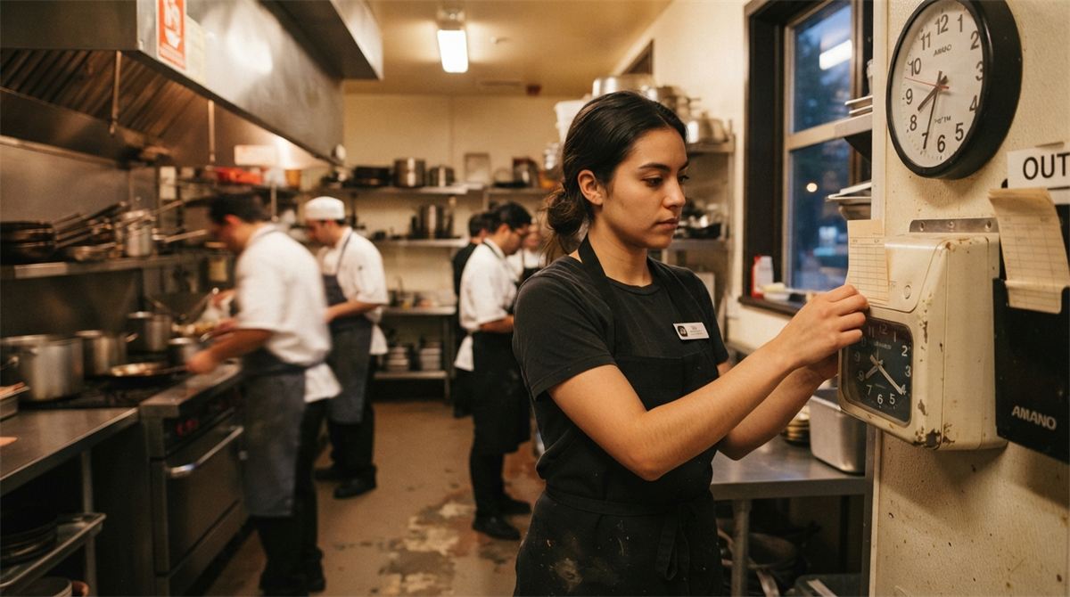 Un employé de restaurant pointe sa carte de temps près d’une horloge, dans une cuisine animée (illustration)