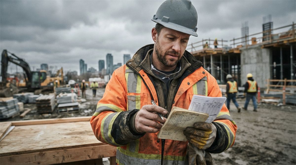 Un ouvrier compare son registre d’heures et un talon de paie sur un chantier (illustration)
