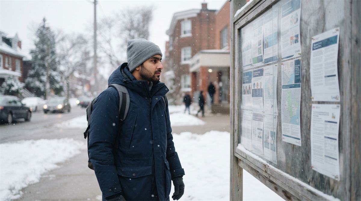 A newcomer in winter clothing looks at a community notice board on a snowy street (illustration)