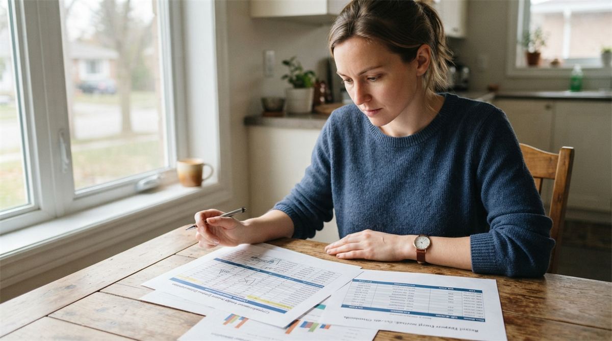 A person studies score charts on paper at a kitchen table (illustration)