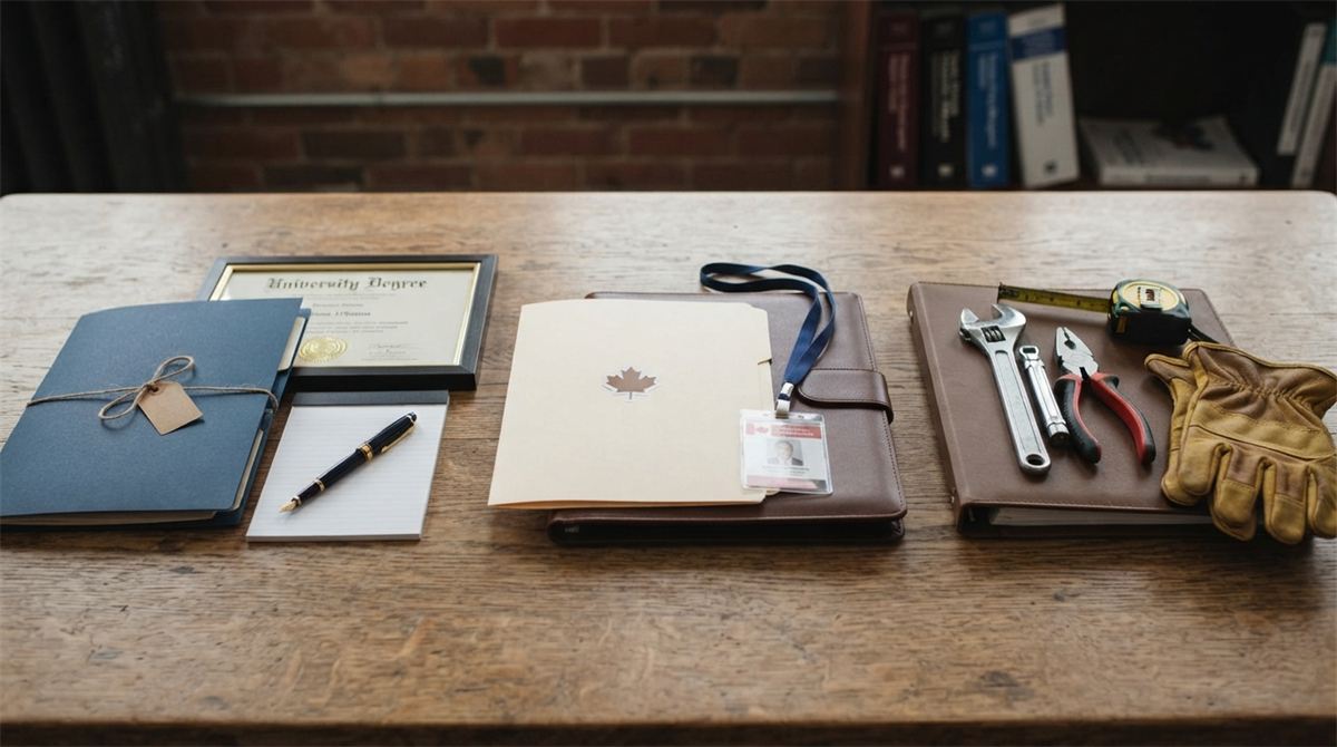 Three immigration application folders side by side on a wooden table (illustration)