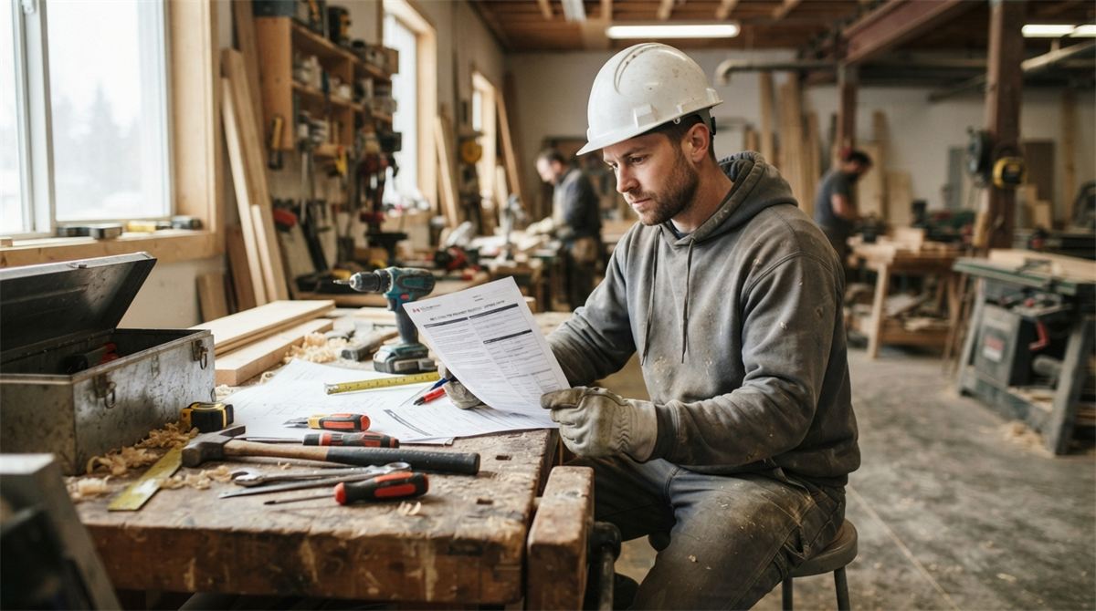 A tradesperson in a hard hat reviews immigration paperwork in a workshop (illustration)
