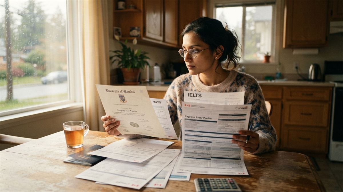 A foreign-trained professional compares a diploma and language-test papers with immigration forms (illustration)