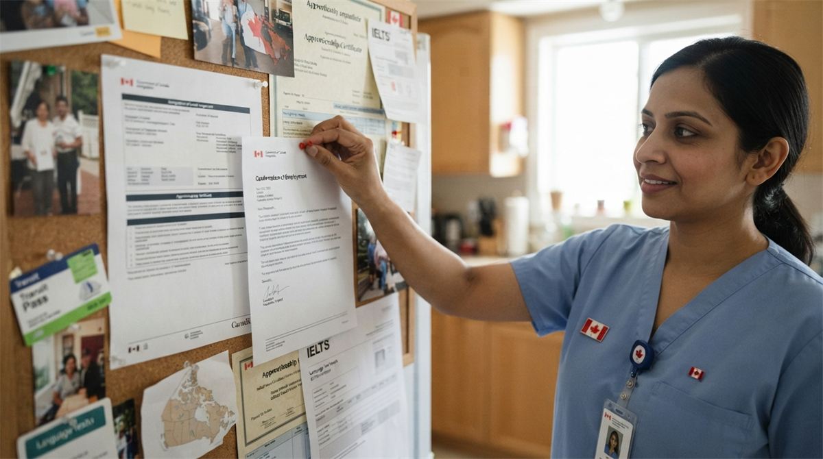 A newcomer in a hospital uniform pins proof of work experience beside immigration documents (illustration)