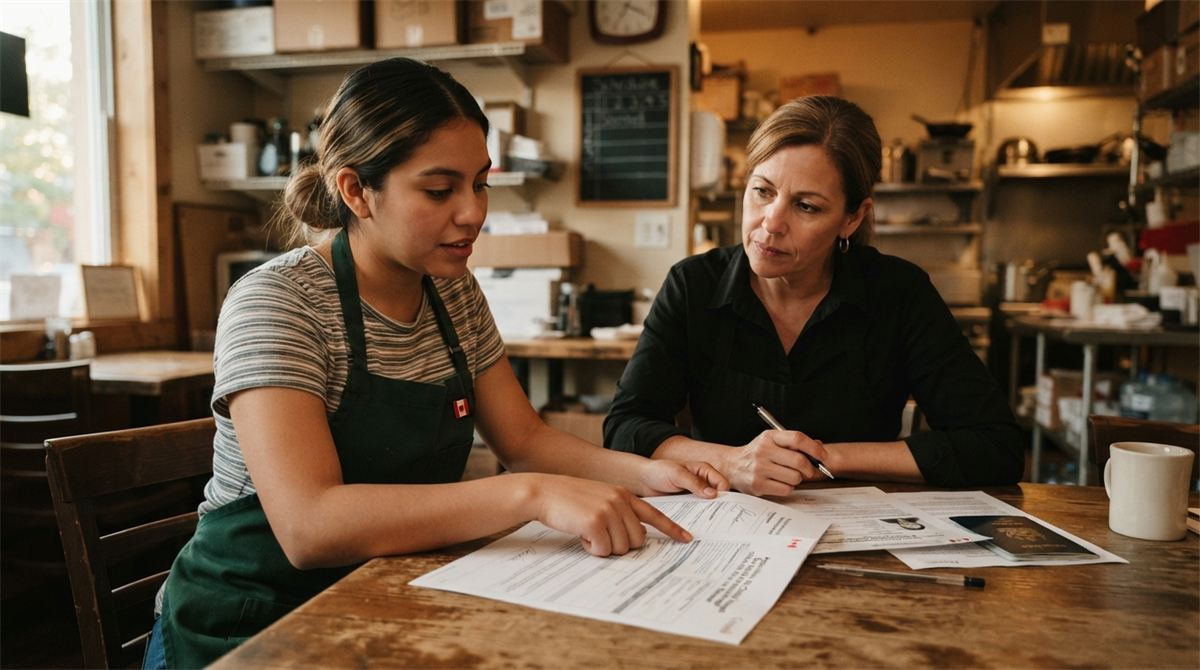 Restaurant worker reviewing permit papers with a supervisor in a quiet back room (illustration)