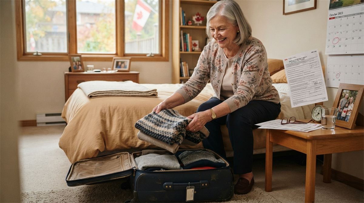 Une grand-mère en visite défait sa valise dans la chambre d’amis (illustration)