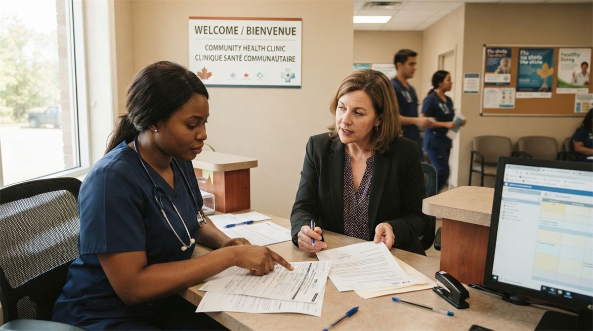 A nurse and a manager review paperwork at a community health clinic (illustration)