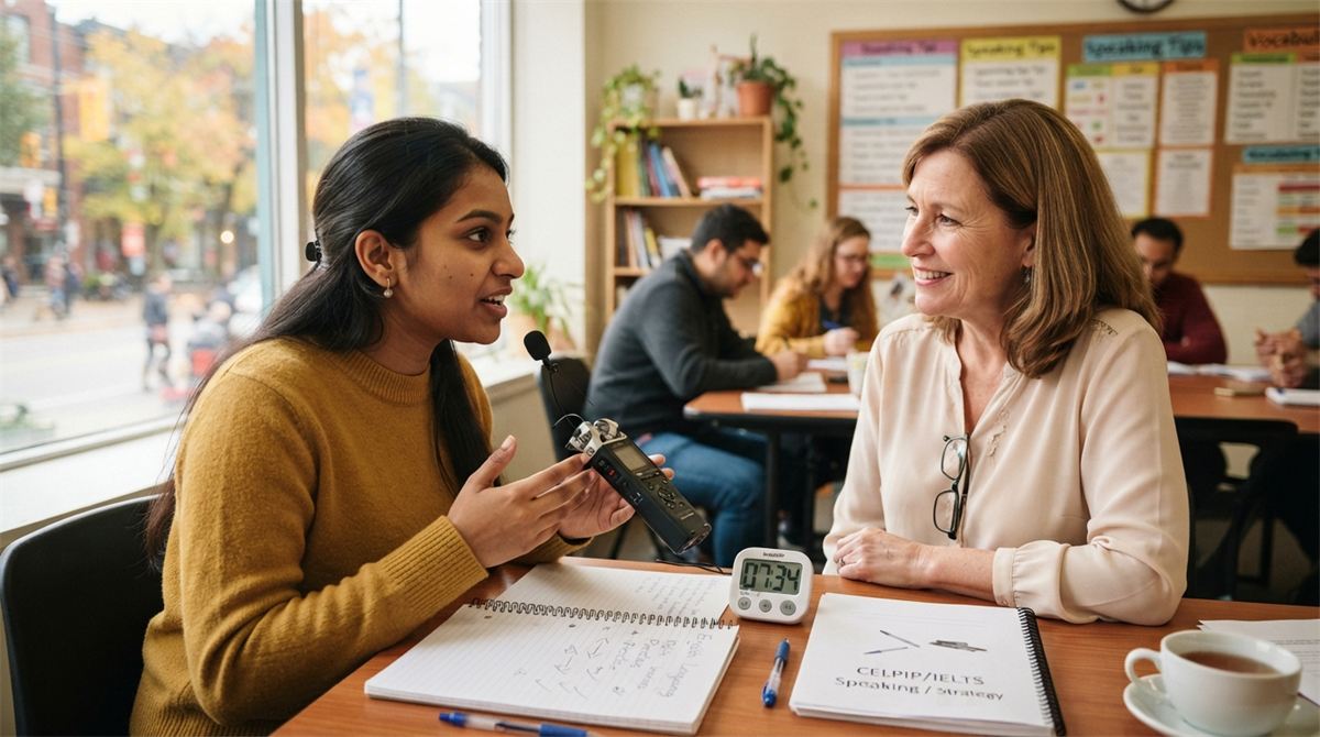 A candidate practises speaking English with a tutor in a classroom (illustration)