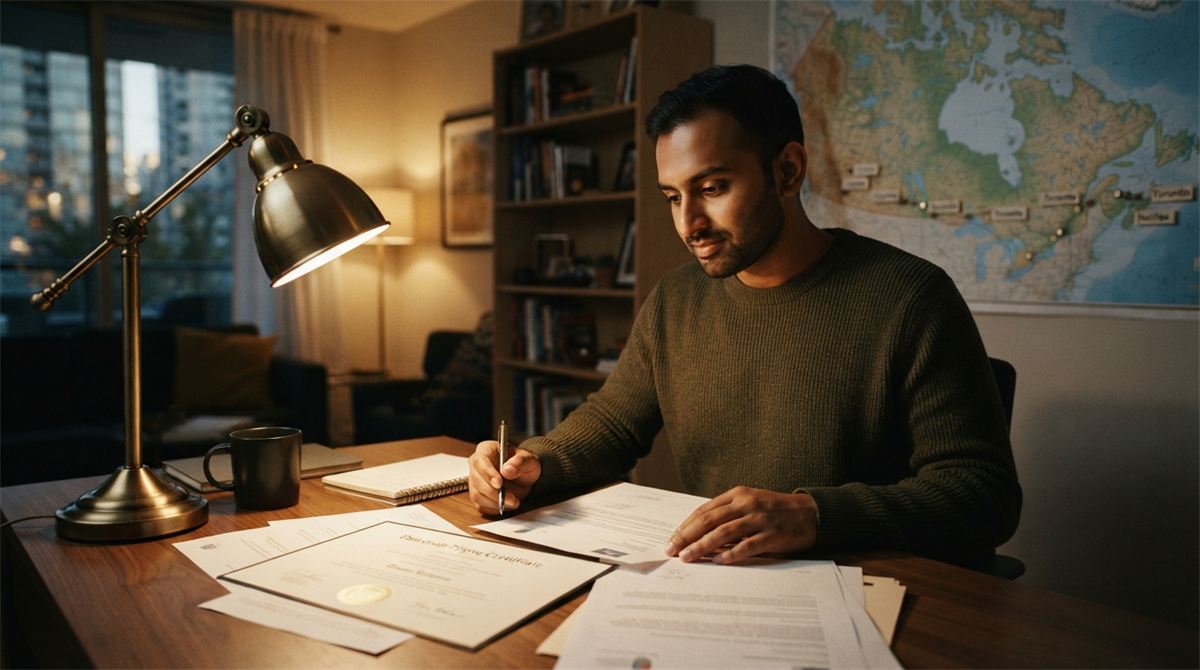 A skilled worker reviews degree certificates beside a wall map of Canada (illustration)