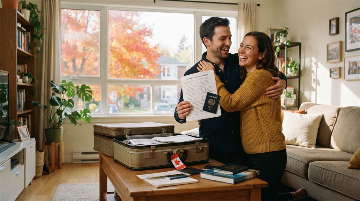 A couple beside packed suitcases and an immigration checklist (illustration)