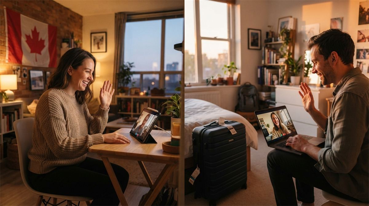 A couple waves to each other on a video call from two different homes, one beside a packed suitcase (illustration)