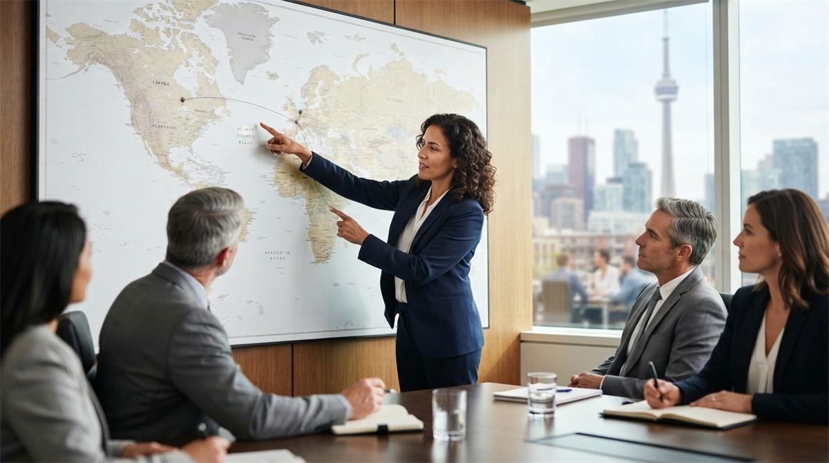 Executive pointing between two connected offices on a map in a boardroom (illustration)