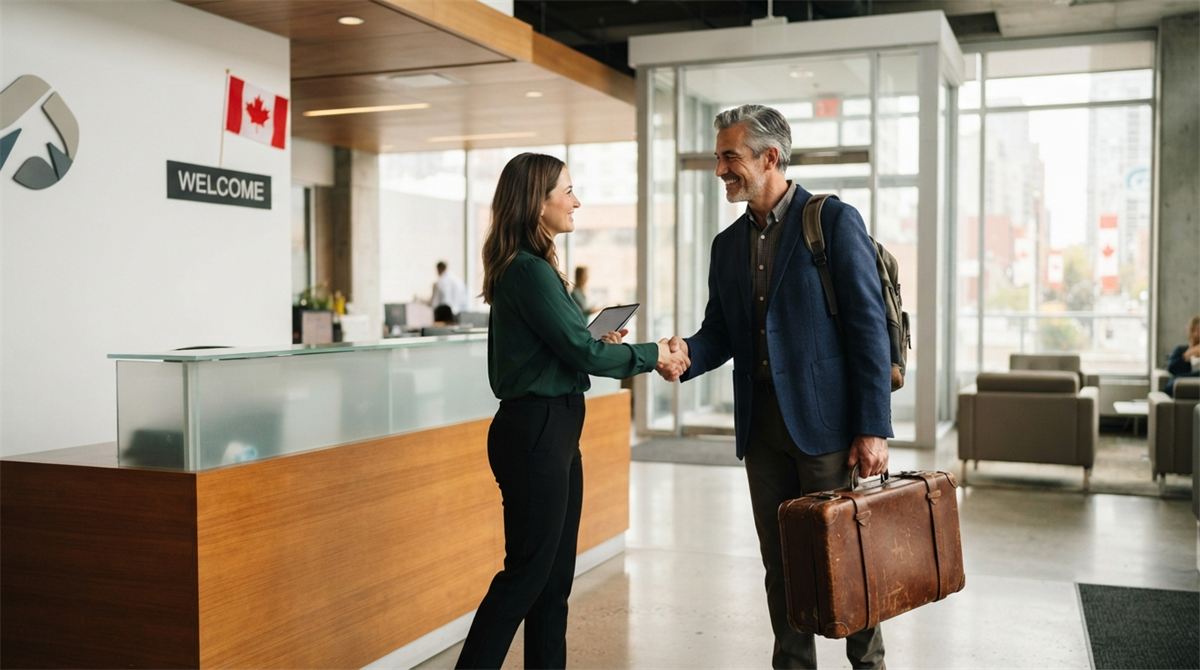 Engineer with a travel case arriving in an office lobby, greeted by a colleague (illustration)