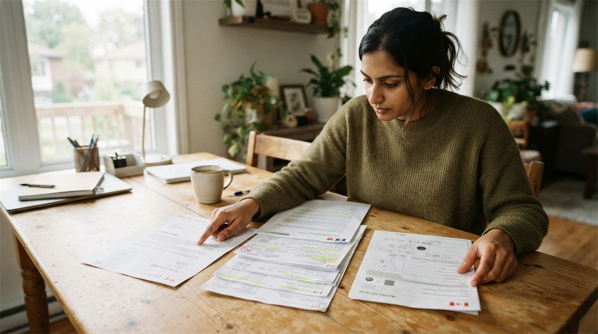 Une personne compare une lettre d’invitation Entrée express avec des preuves d’emploi (illustration)