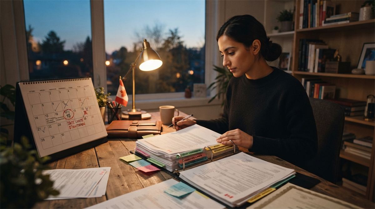 Un bureau à domicile au crépuscule, avec un dossier de demande organisé (illustration)