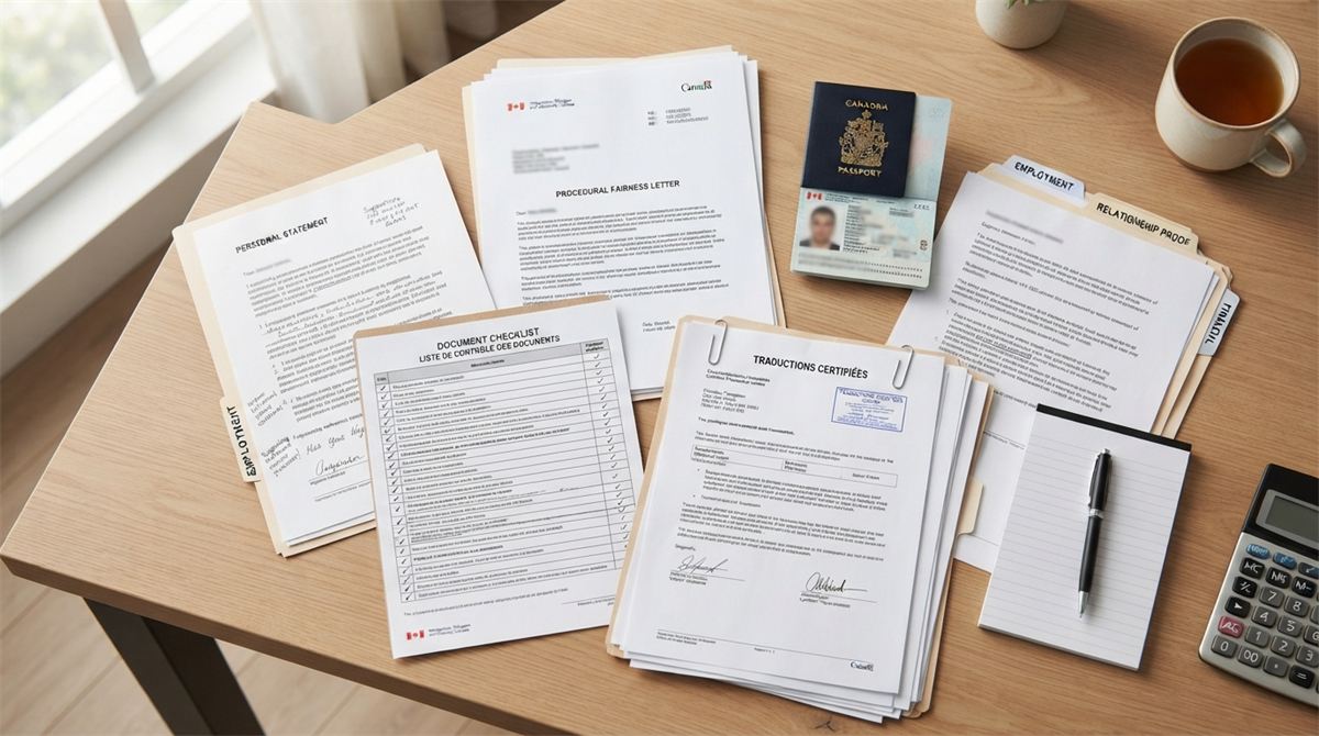 Un dossier d’immigration organisé, avec lettre, passeport, traductions et liste de contrôle (illustration)