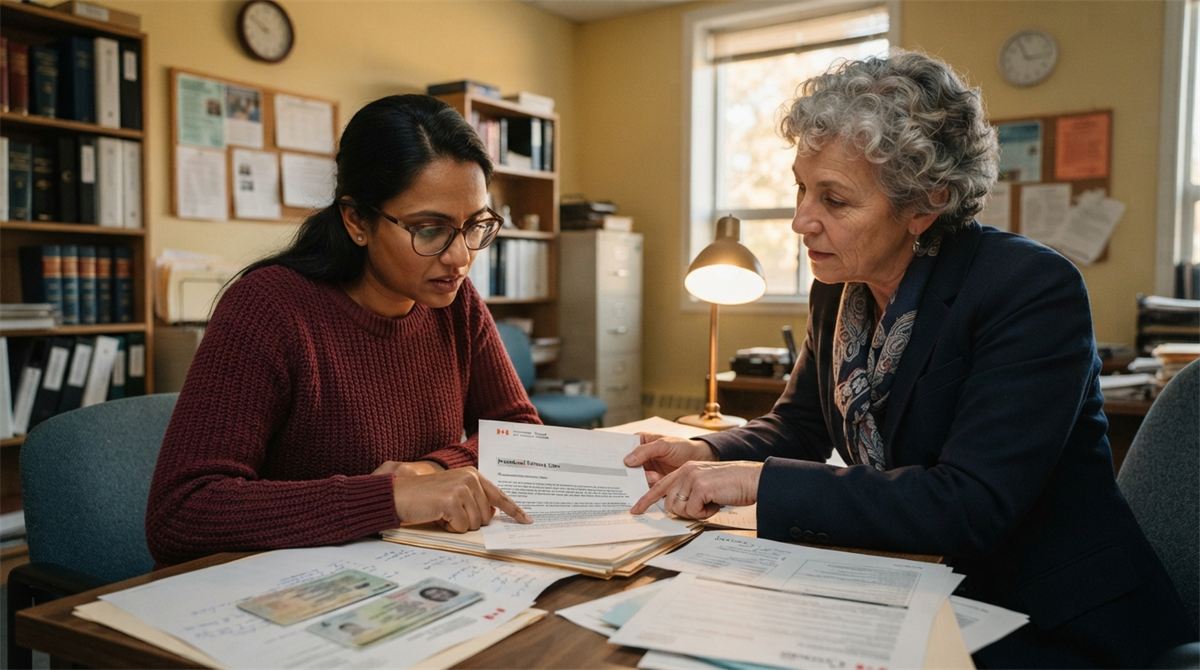 Une personne examine une lettre d’équité procédurale avec une conseillère (illustration)