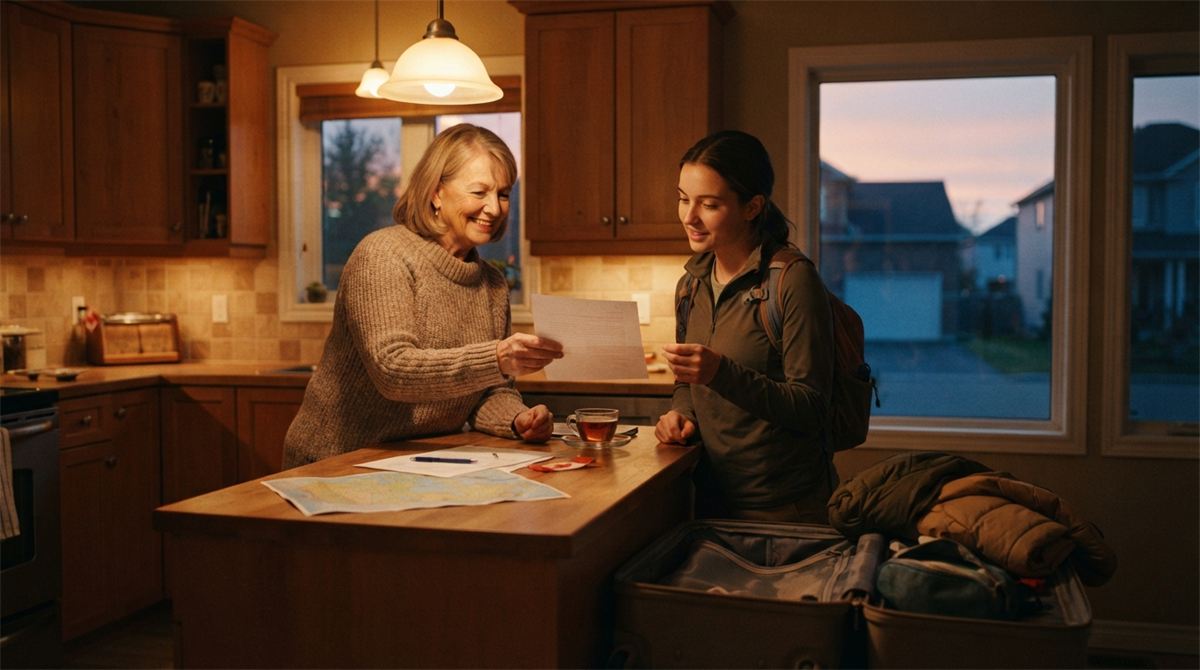 Une hôte remet une lettre d’invitation à une parente près d’une valise ouverte (illustration)