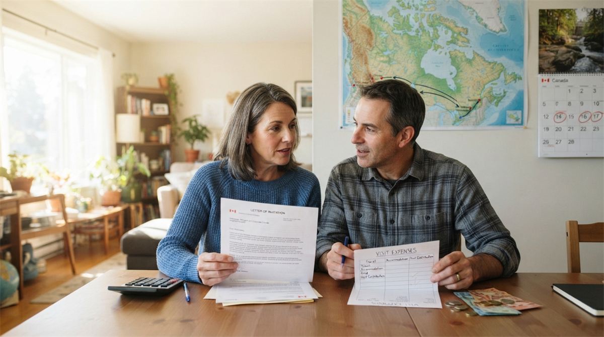 Un couple vérifie une lettre d’invitation devant un calendrier (illustration)