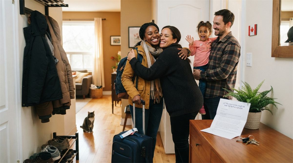 Une famille accueille une voyageuse à l’entrée d’un appartement (illustration)