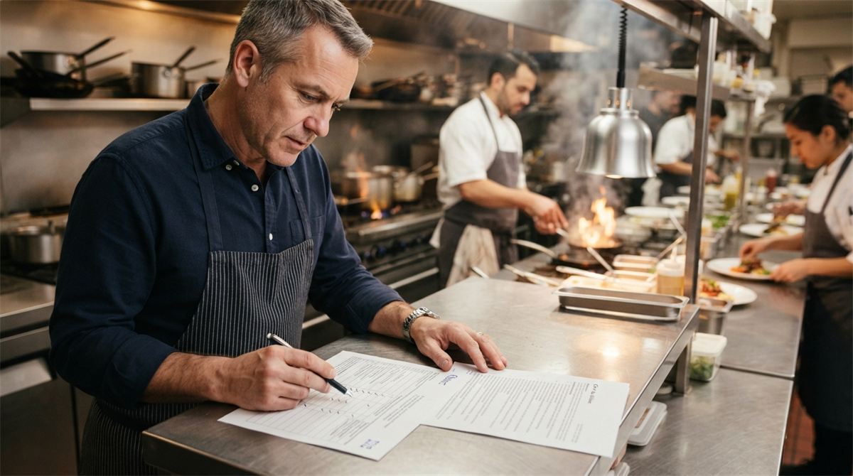 A restaurant owner fills out paperwork in a busy kitchen (illustration)