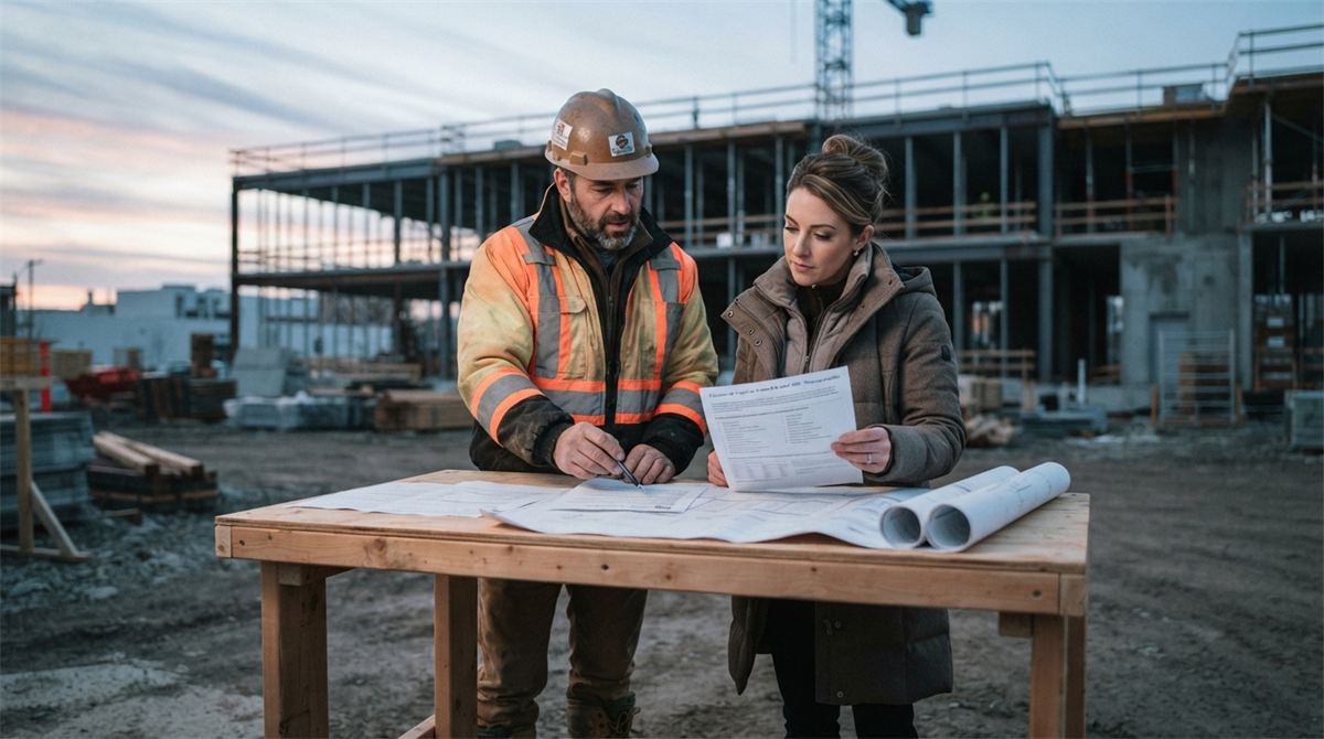 A site supervisor and a manager review documents on a construction site (illustration)