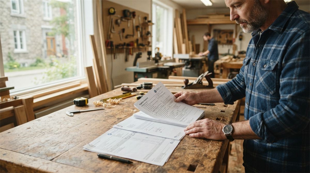 A cabinetmaker reviews forms on his workbench (illustration)