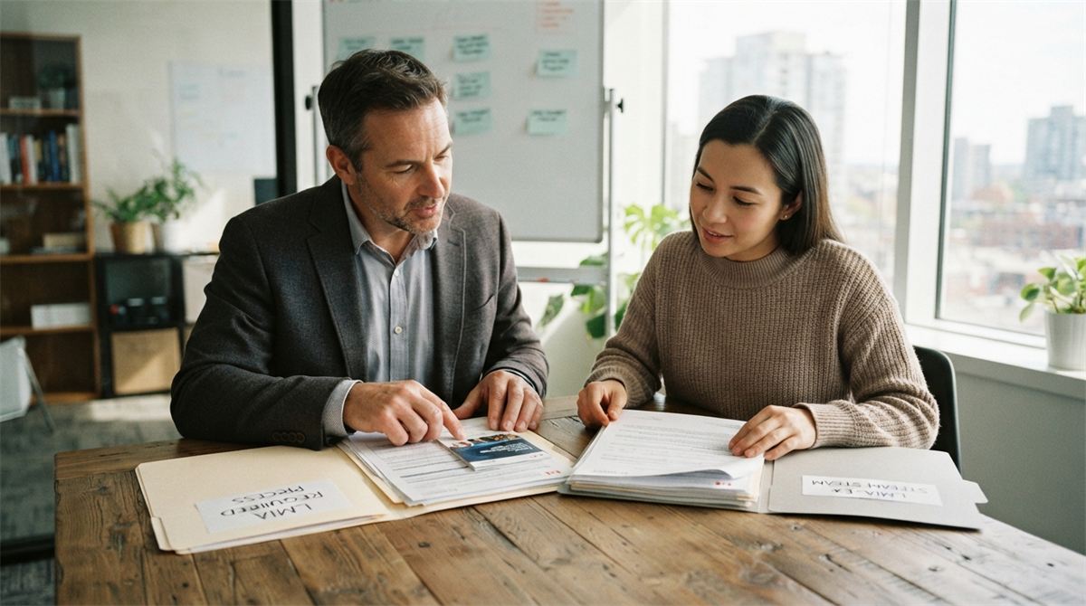 An employer and a worker compare two permit-process folders at a table (illustration)