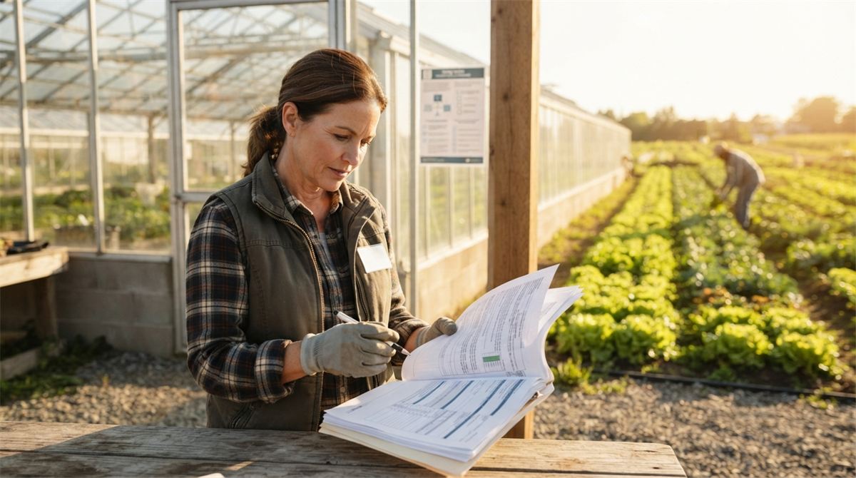 A farm manager reviews paperwork beside a greenhouse hiring notice (illustration)