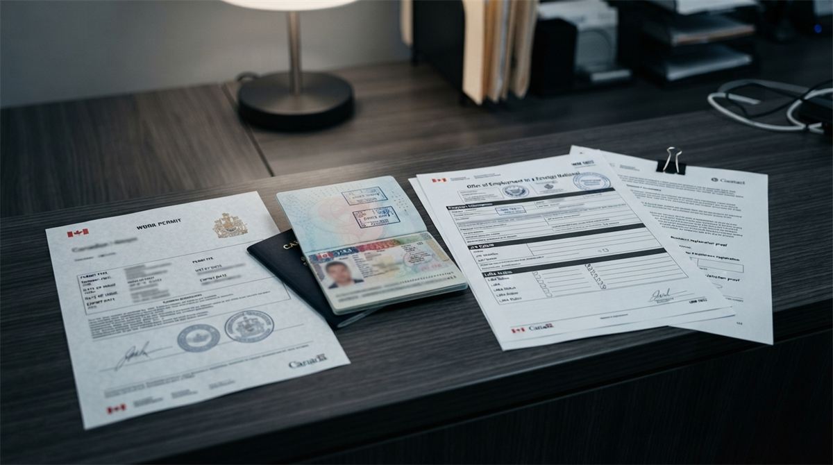 A work permit, a passport and compliance documents arranged on a counter (illustration)