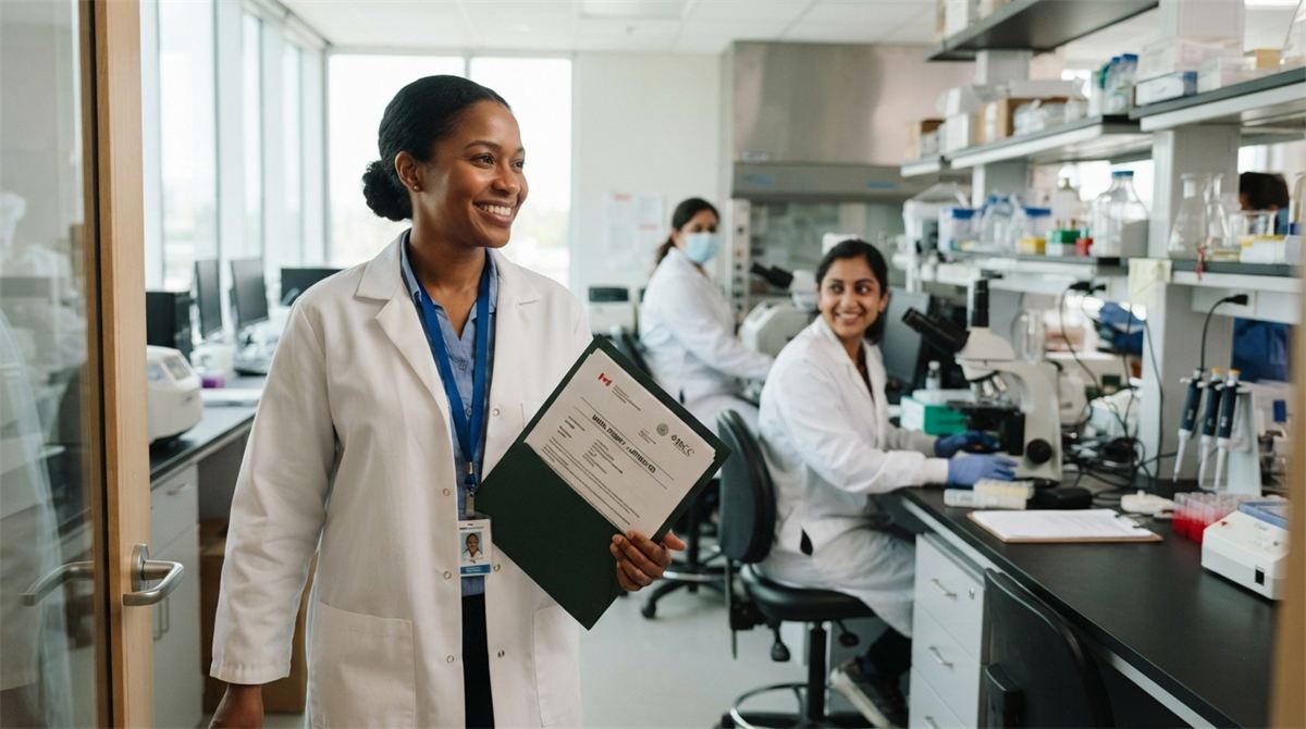 A researcher enters a laboratory holding a work permit folder (illustration)