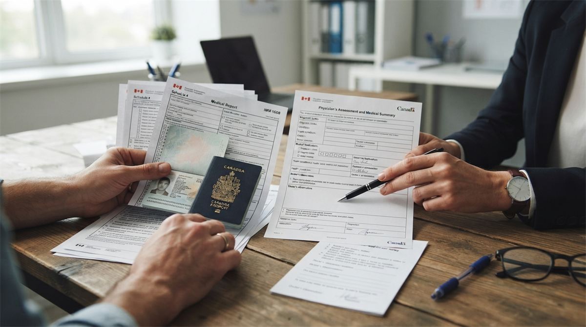 Hands comparing a medical assessment with immigration forms beside a passport (illustration)
