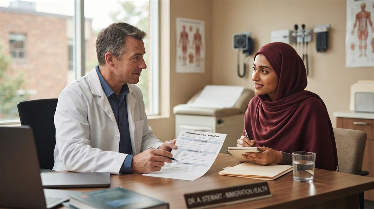 A physician and an applicant discuss a health assessment in an examination room (illustration)