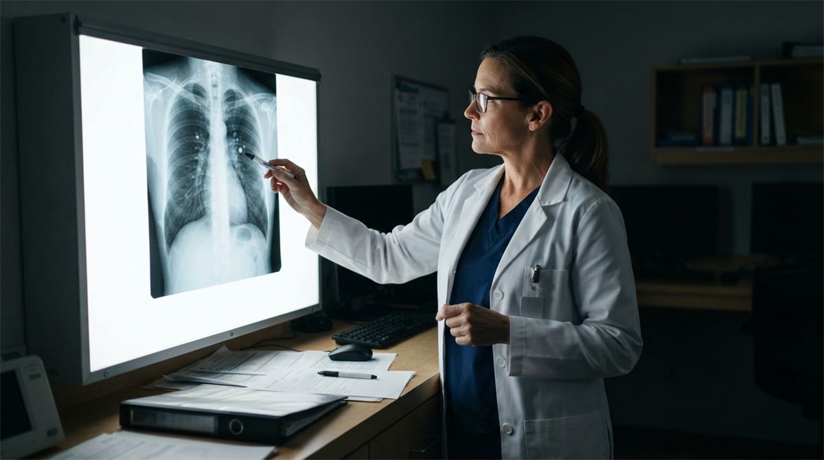 A radiologist studies a chest scan on a lightbox (illustration)