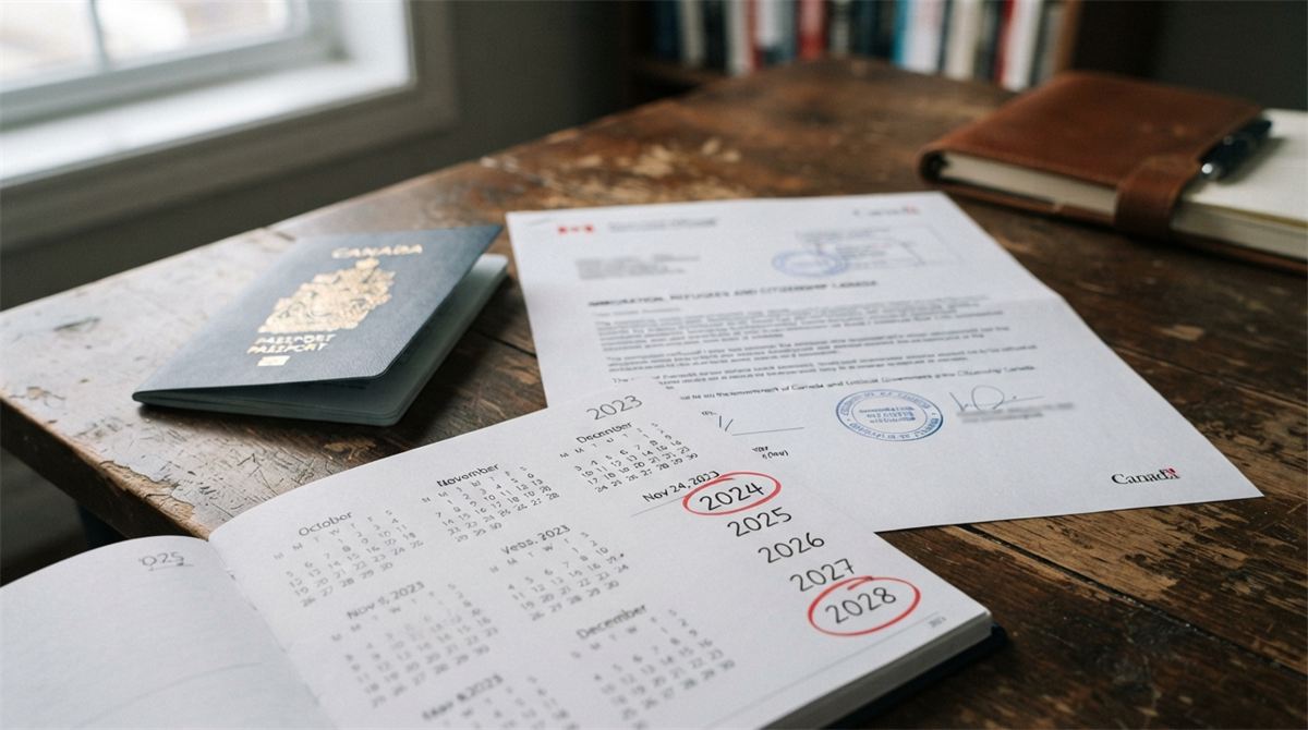 A passport, a refusal letter and a calendar with five years circled (illustration)