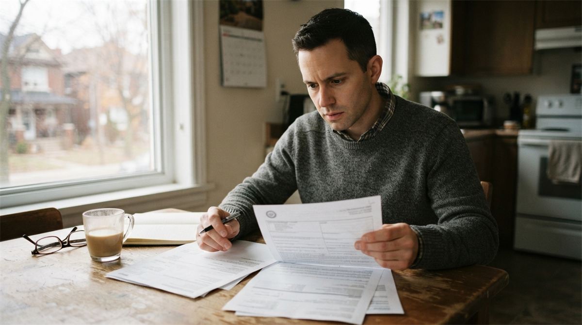 An applicant compares a completed form with supporting papers at a kitchen table (illustration)