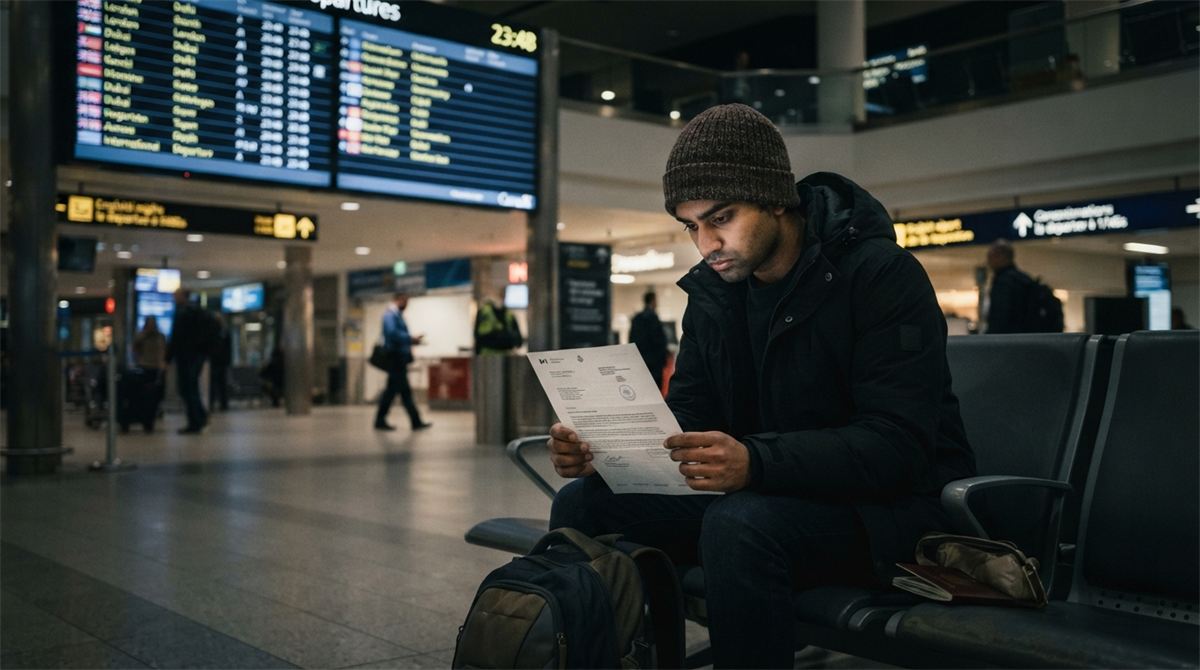 A traveller sits in an airport waiting area holding an immigration letter (illustration)