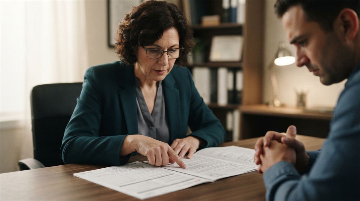 An adviser points to conflicting details on two documents during a consultation (illustration)