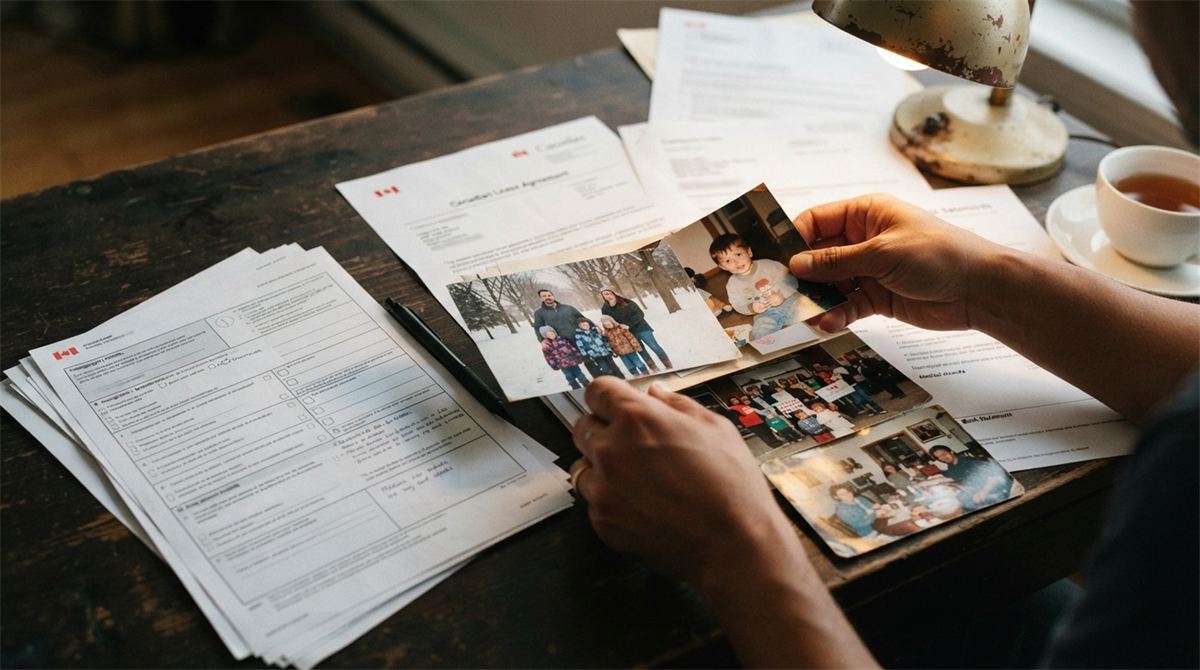 Des mains organisent des preuves de vie au Canada, photos de famille et formulaires (illustration)