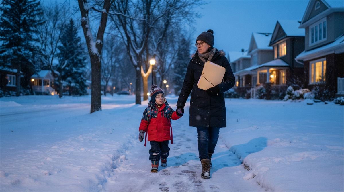 Un parent et son enfant marchent dans une rue enneigée, un dossier à la main (illustration)