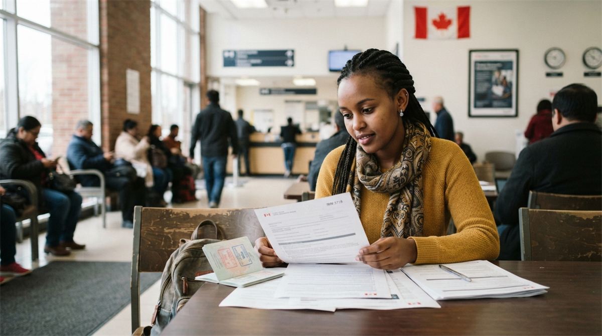 A newcomer reviews papers beside a passport in an immigration waiting room (illustration)