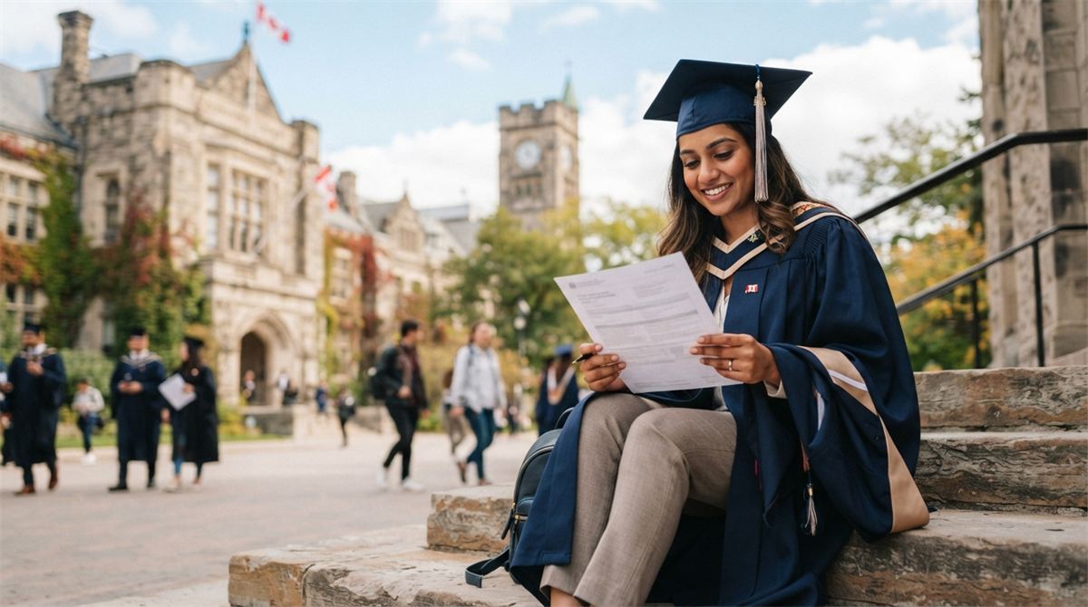 A graduate in cap and gown checks paperwork on campus steps (illustration)