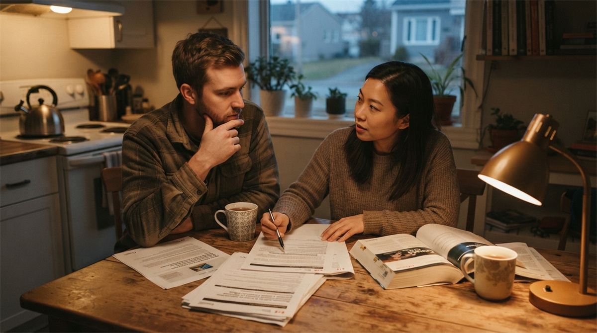 A couple compares immigration papers at a kitchen table (illustration)