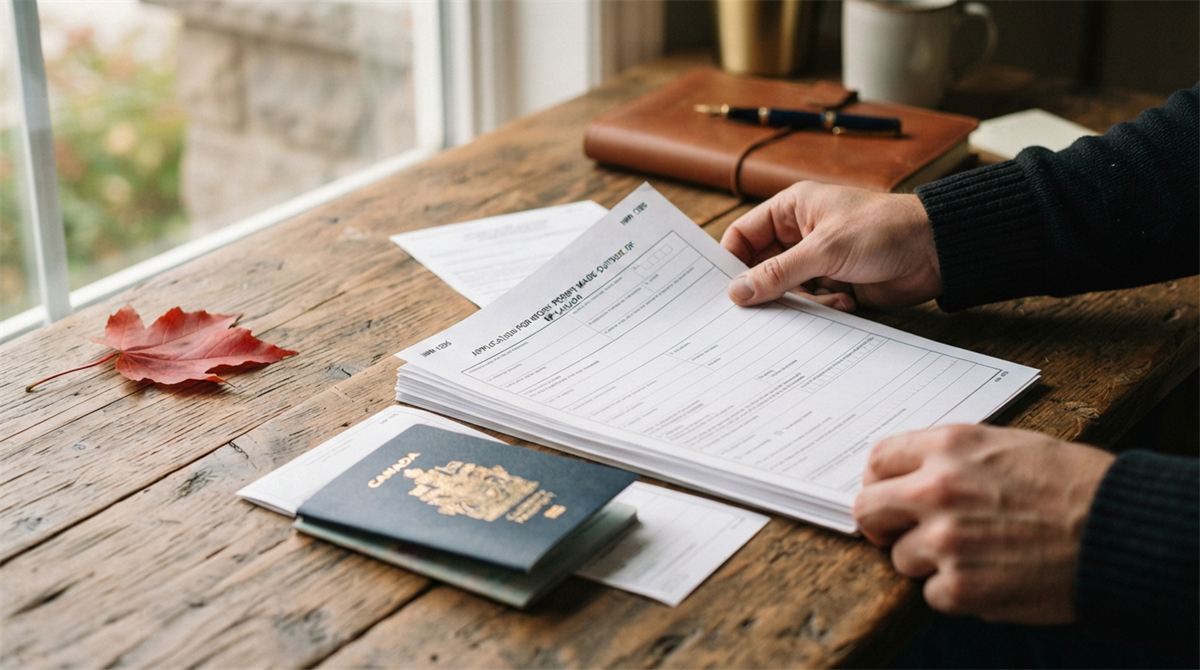 Hands arranging a passport and permit forms on a wooden table (illustration)