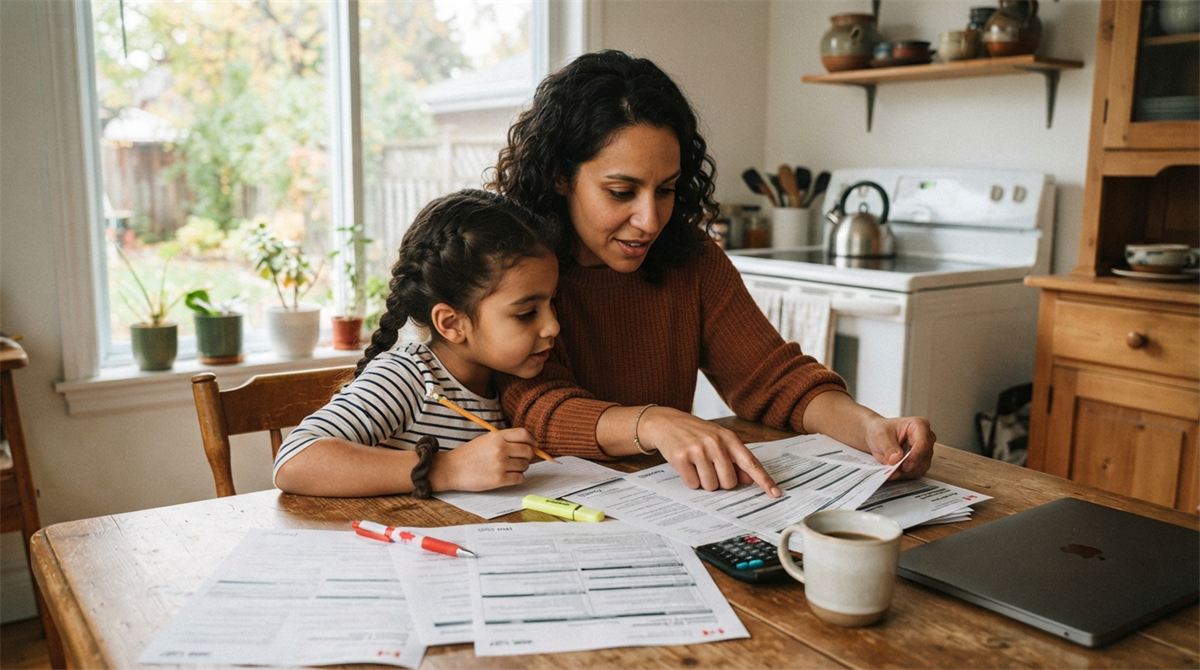 Une mère et sa fille remplissent des papiers à la table de la cuisine (illustration)