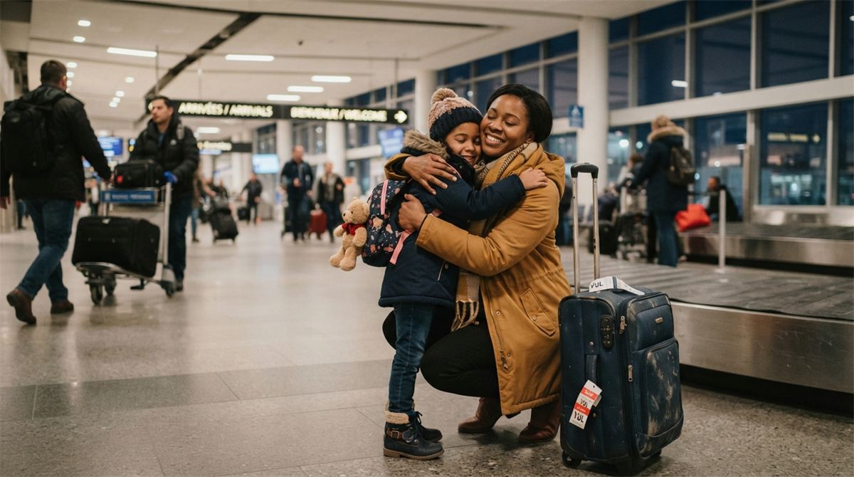 Une mère serre son enfant dans ses bras à l’aéroport (illustration)