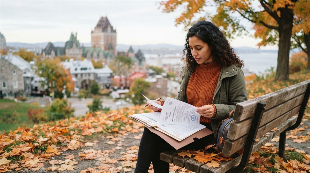 A candidate reviews her papers on a park bench among autumn leaves (illustration)