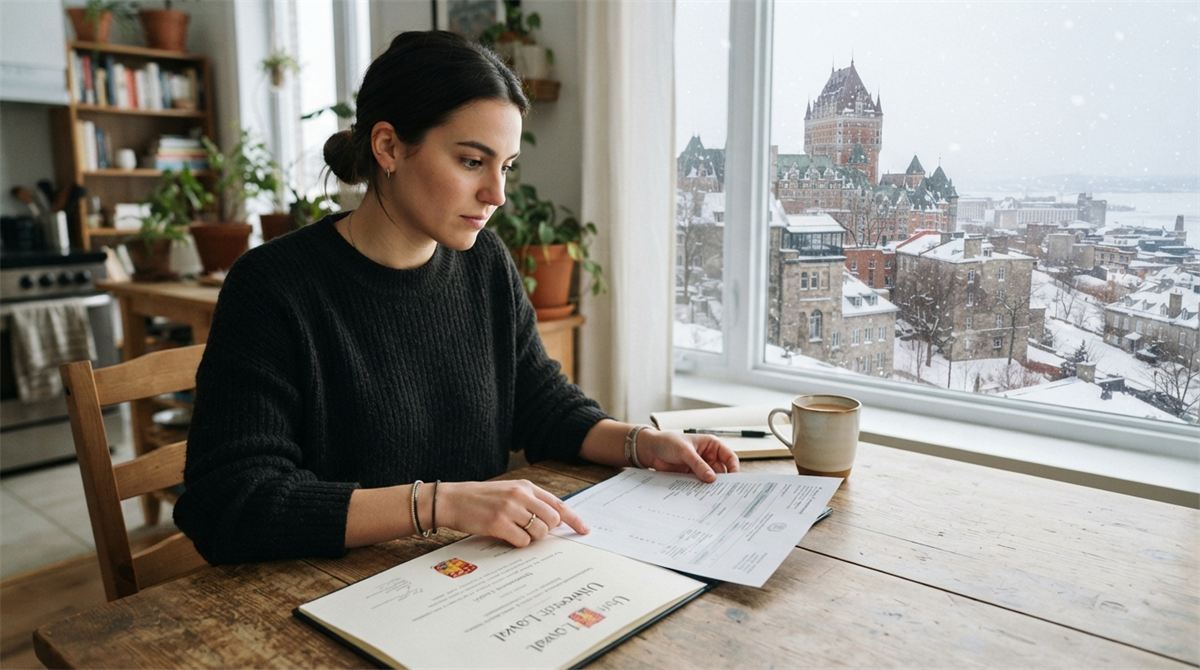 A graduate checks a diploma and transcript at a kitchen table with a winter view (illustration)