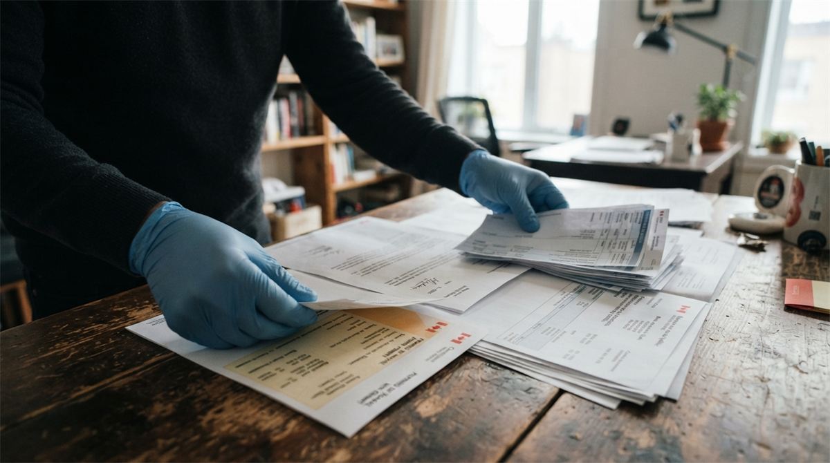 Hands sorting employment letters, pay records and a work permit on a desk (illustration)
