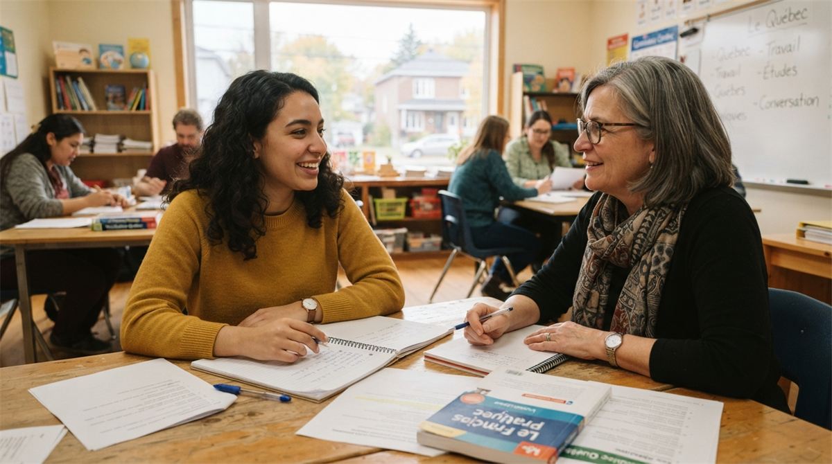 A newcomer practises spoken French with a conversation partner (illustration)
